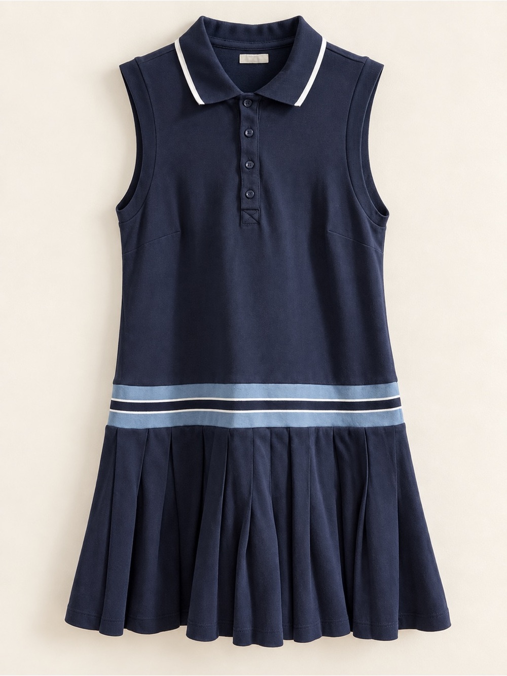 The Upside Navy Sleeveless Polo Dress with Light Blue Stripes